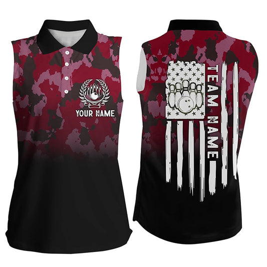 Black Red Camo Women Sleeveless Polo Shirts Custom American Flag Patriotic Bowling Team Polo, Women Bowling Shirts