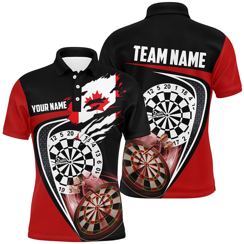 Black Red Canadian Flag Mens Darts Polo Shirt Custom Patriotic Dart Polo For Men, Darts Team Polo Shirt
