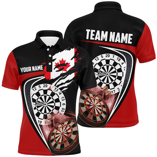 Black Red Canadian Flag Mens Darts Polo Shirt Custom Patriotic Dart Polo For Men, Darts Team Polo Shirt