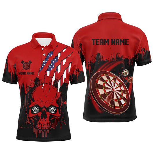 Black Red Dart Skull US Flag Men Darts Polo Shirts Custom Patriotic Darts Polo Team Shirts, Darts Team Polo Shirt