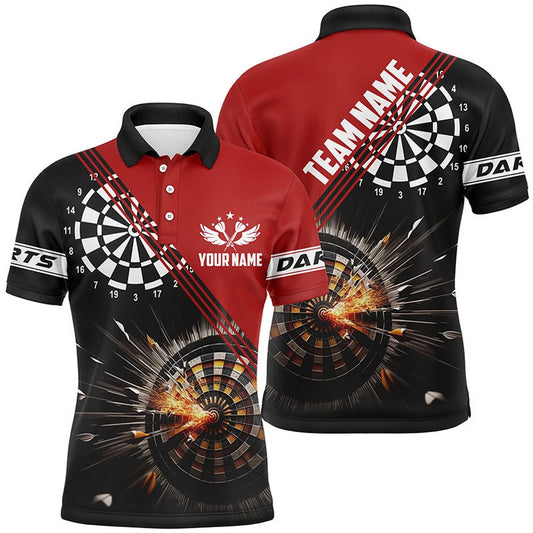 Black Red Darts Fire Personalized Mens Polo Shirt Custom Dart Polo For Men, Darts Team Polo Shirt