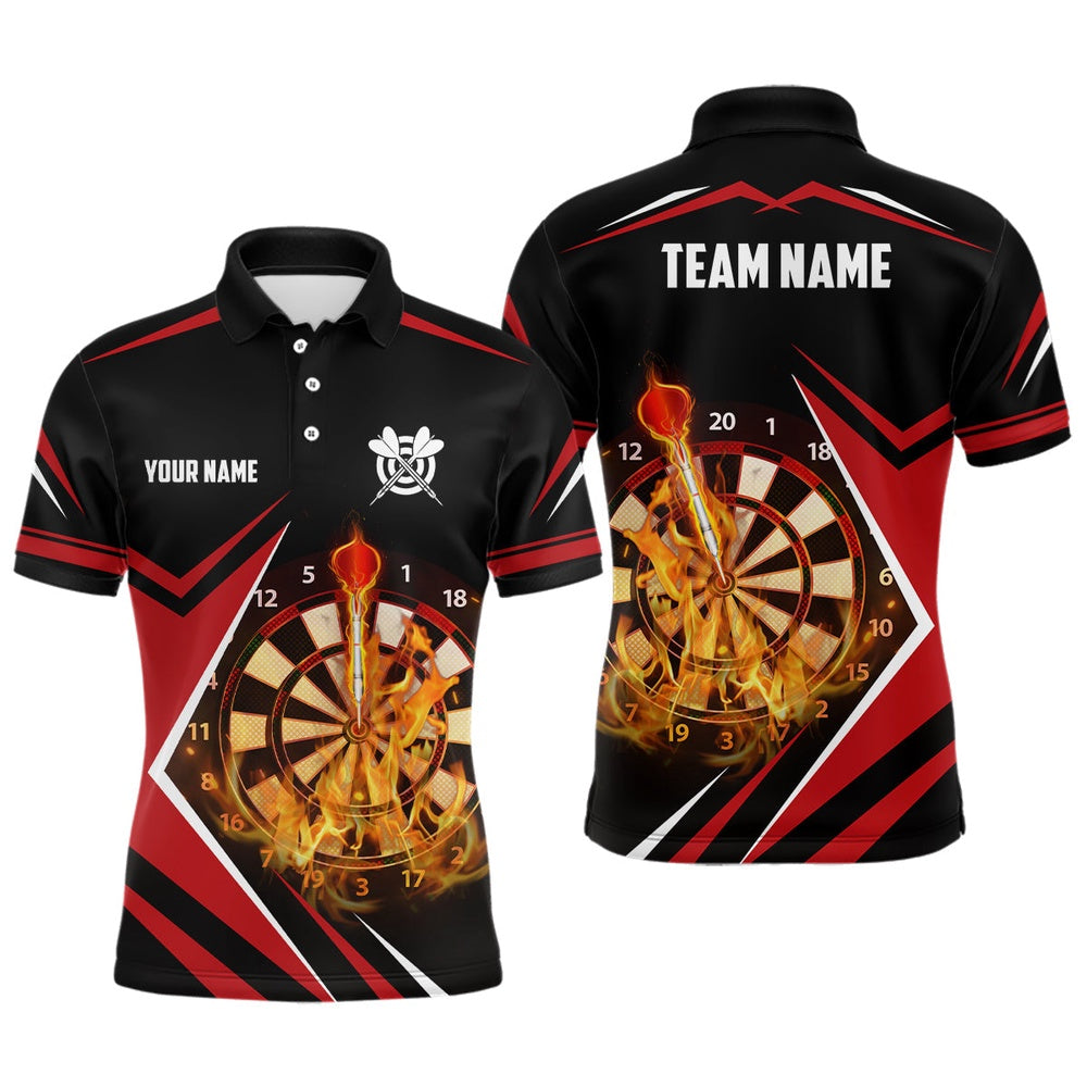 Black Red Fire Flame Mens Darts Polo Shirt Custom Darts Shirt For Men Dart Polo, Darts Team Polo Shirt