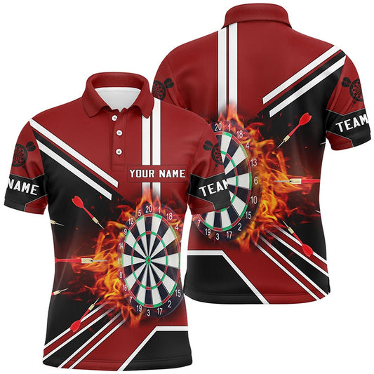 Black Red Flame Dartboard Mens Polo Shirt Custom Fire Darts Shirts For Men Dart Polo, Darts Team Polo Shirt