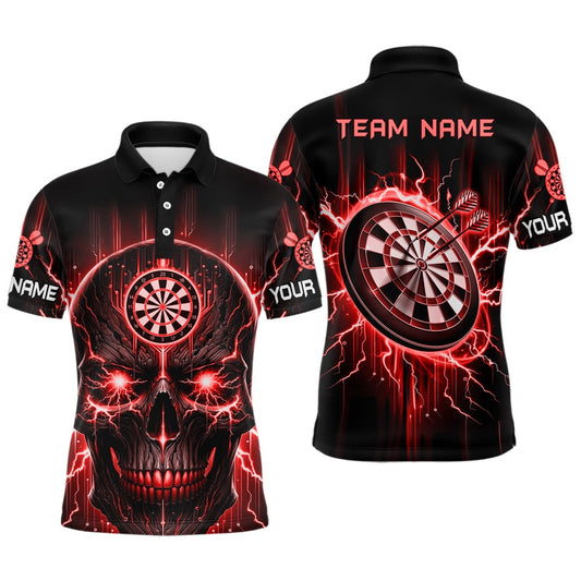 Black Red Skull Mens Darts Polo Shirt Custom Scary Darts Shirt For Men Dart Polo, Darts Team Polo Shirt
