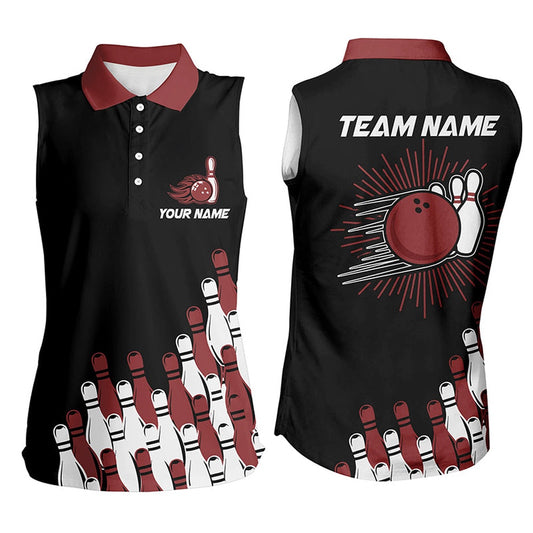 Black Retro Bowling Team Shirt Custom Women Bowling Sleeveless Polo Shirt, Bowling Gifts For Her Red, Women Bowling Shirts