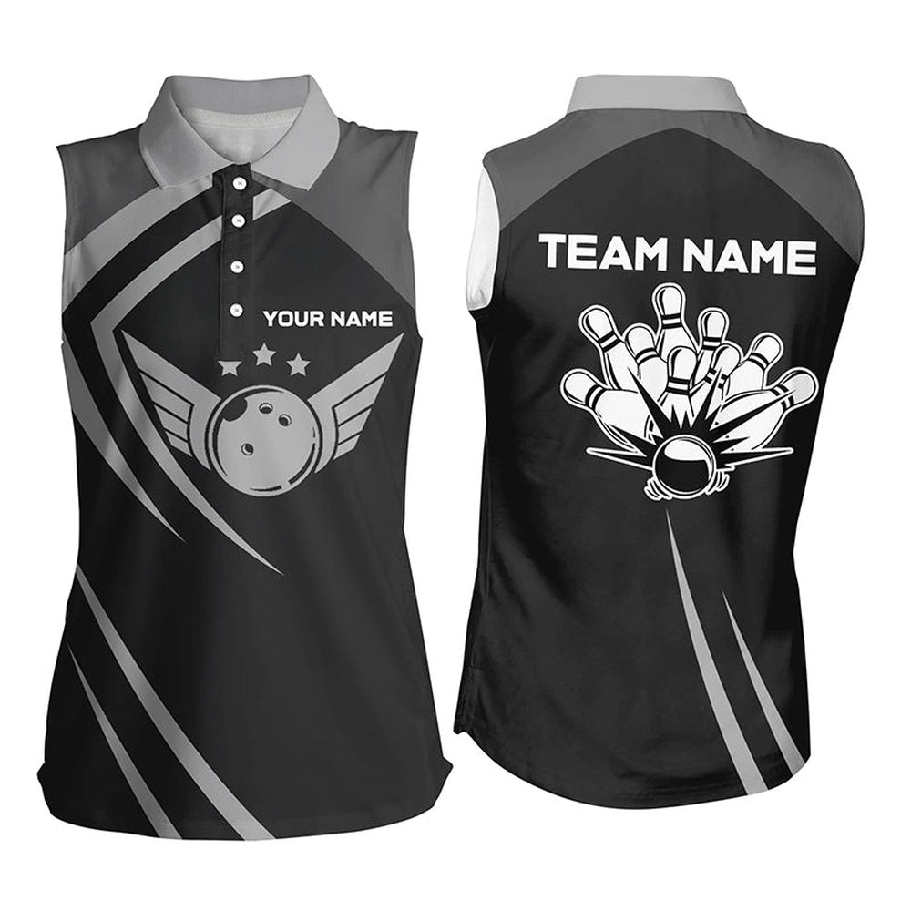Black Retro Vintage Bowling Sleeveless Polo Shirts For Women Custom Bowling Team League Polo, Women Bowling Shirts