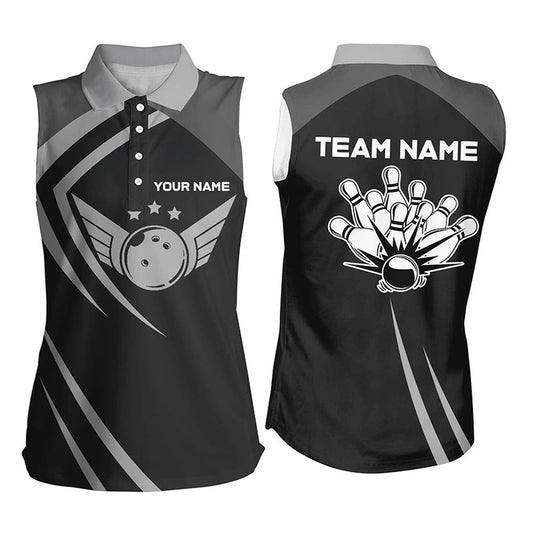 Black Retro Vintage Bowling Sleeveless Polo Shirts For Women Custom Bowling Team League Polo, Women Bowling Shirts