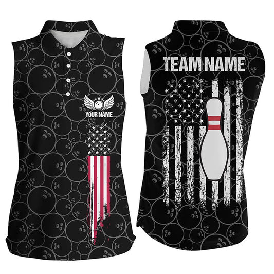 Black Retro Womens Bowling Sleeveless Polo Shirts Custom Vintage American Flag Team Ladies Polo, Women Bowling Shirts