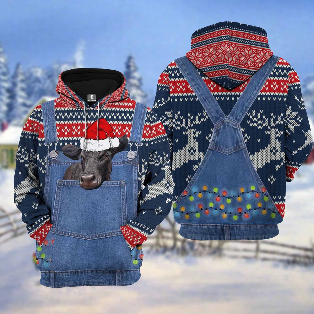Black Sim Angus Cattle Christmas Knitting Hoodie Pattern 3D, Farmer Hoodie, Farm Themed Shirts, Farm Tee Shirts