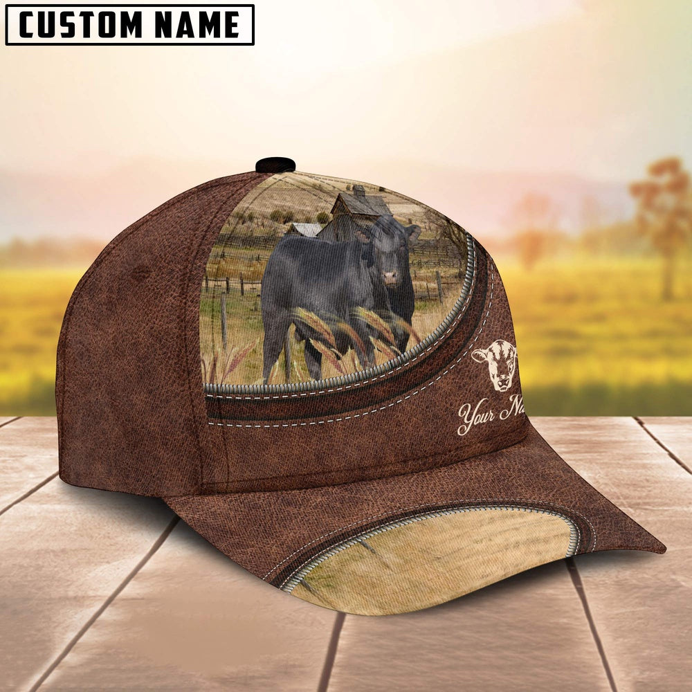 Black Sim Angus On The Farm Customized Name Leather Pattern Cap, Farmer Cap, Vintage Farmer Hat, Mens Farmer Hats, Cap For Farmers