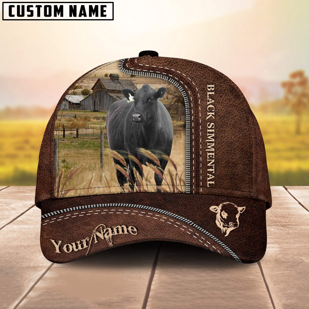 Black Simmental Customized Name Leather Pattern Cap, Farmer Cap, Vintage Farmer Hat, Mens Farmer Hats, Cap For Farmers