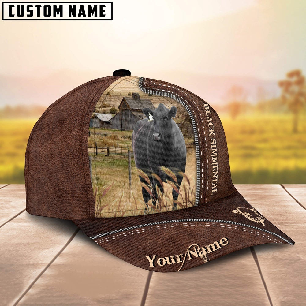 Black Simmental Customized Name Leather Pattern Cap, Farmer Cap, Vintage Farmer Hat, Mens Farmer Hats, Cap For Farmers