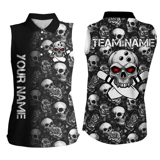 Black Skull And Rose Pattern Bowling Sleeveless Polos Shirts Custom Skull Bowling Team League Polo, Women Bowling Shirts