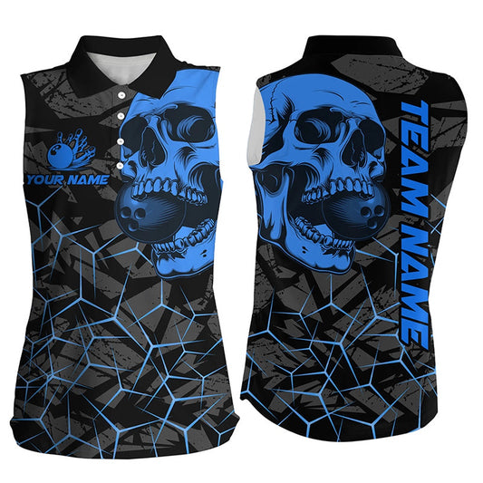 Black Skull Camo Bowling Sleeveless Polo Shirts Custom Bowling Team Polo Blue, Women Bowling Shirts