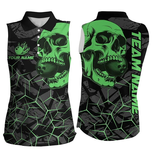 Black Skull Camo Bowling Sleeveless Polo Shirts Custom Bowling Team Polo Green, Women Bowling Shirts