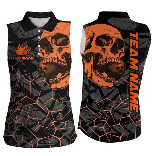 Black Skull Camo Bowling Sleeveless Polo Shirts Custom Bowling Team Polo Orange, Women Bowling Shirts