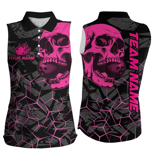 Black Skull Camo Bowling Sleeveless Polo Shirts Custom Bowling Team Polo Pink, Women Bowling Shirts