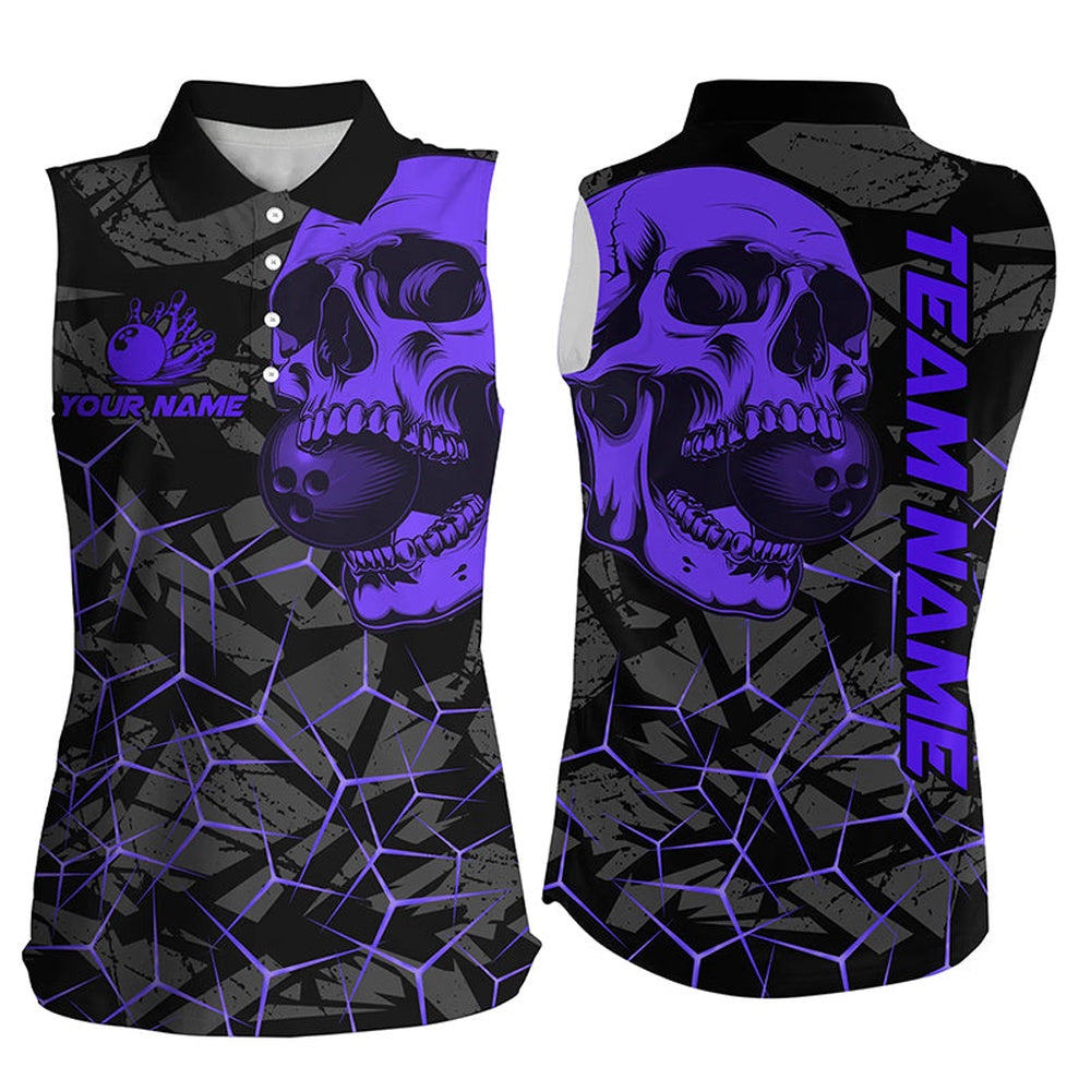 Black Skull Camo Bowling Sleeveless Polo Shirts Custom Bowling Team Polo Purple, Women Bowling Shirts