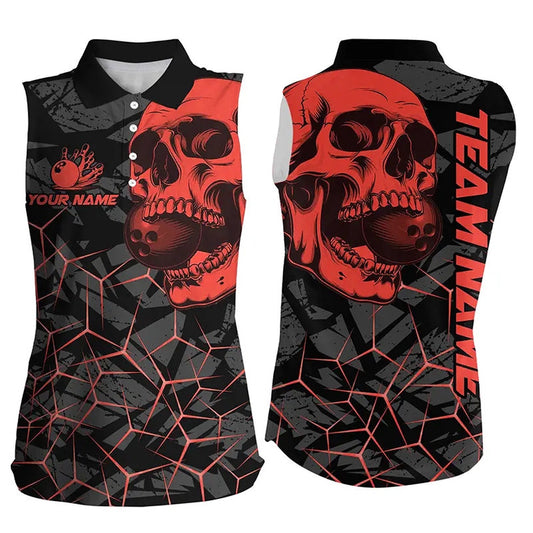 Black Skull Camo Bowling Sleeveless Polo Shirts Custom Bowling Team Polo Red, Women Bowling Shirts