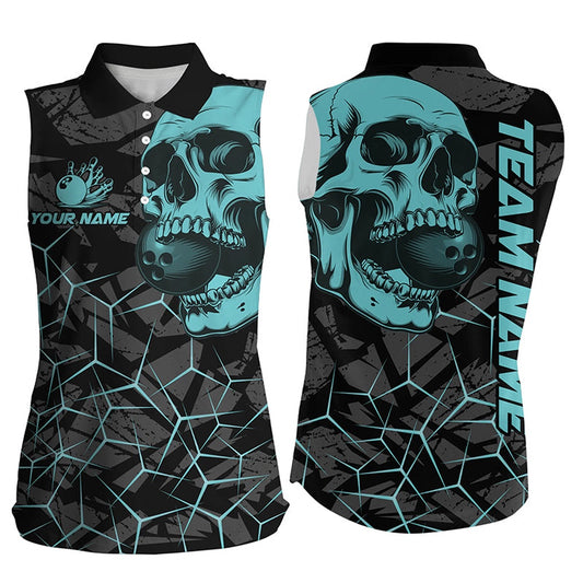 Black Skull Camo Bowling Sleeveless Polo Shirts Custom Bowling Team Polo Turquoise, Women Bowling Shirts