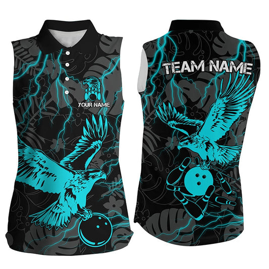 Black Tropical Cyan Blue Eagle Bowling Sleeveless Polo Shirts For Women, Cool Bowling Team Polo, Women Bowling Shirts