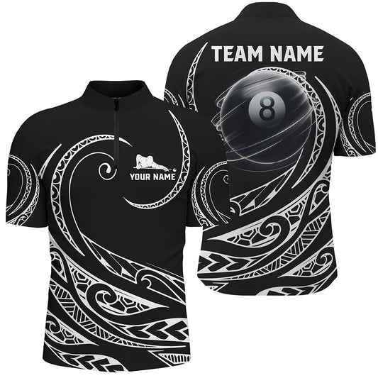 Black White 8 Ball Pool Tribal Pattern Jersey Shirts Custom Billiard Pool Jerseys, Billiard Team Jersey Shirt