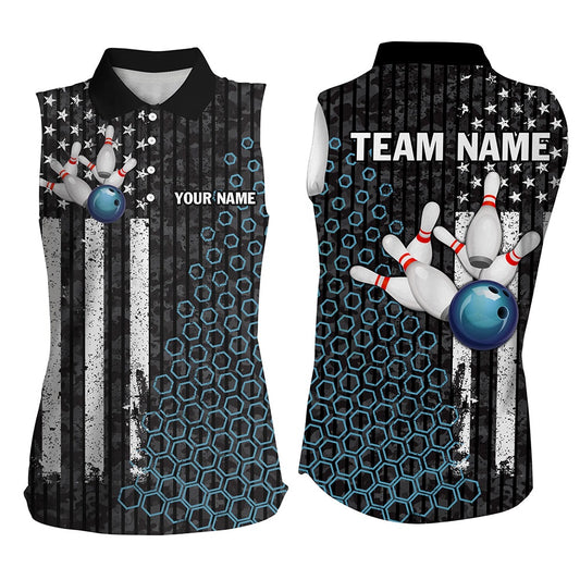 Black White American Flag Women Bowling Sleeveless Polo Shirts Custom Camo Bowling Team Polo Blue, Women Bowling Shirts