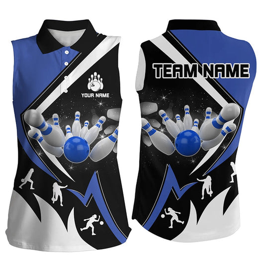 Black, White And Blue Women Sleeveless Polo Shirt Custom Bowling Team League Polo, Gifts For Bowlers, Women Bowling Shirts