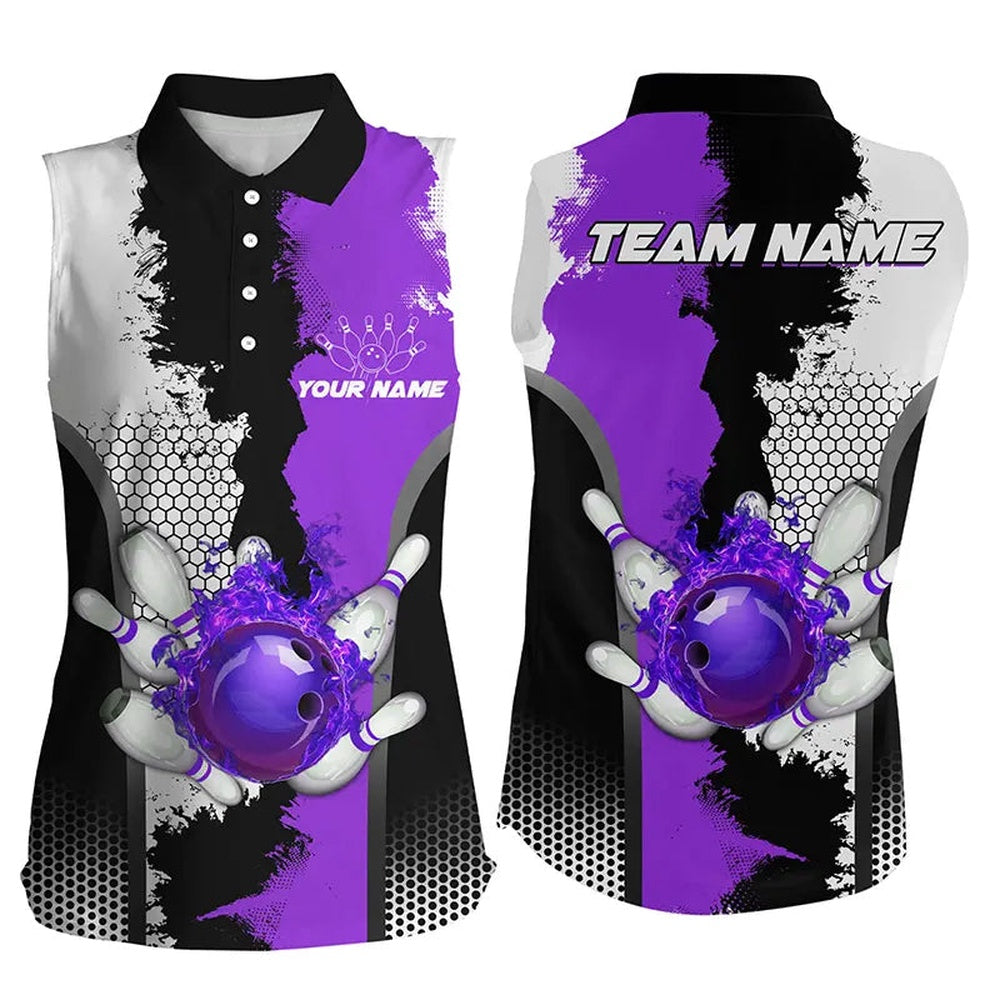 Black White Bowling Fire League Polo Custom Women Sleeveless Polos Shirt, Gifts For Bowler Purple, Women Bowling Shirts