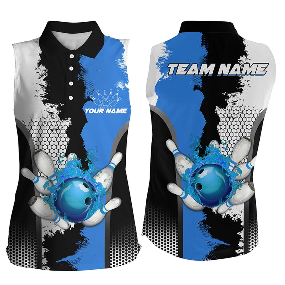 Black White Bowling Fire League Polo Custom Women Sleeveless Polos Shirts, Gifts For Bowler Blue, Women Bowling Shirts