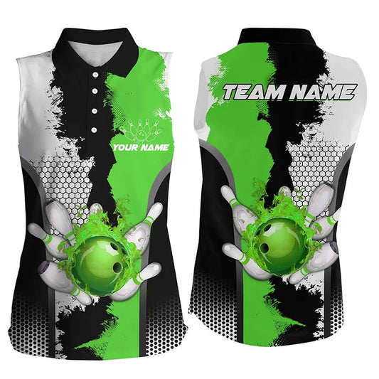 Black White Bowling Fire League Polo Custom Women Sleeveless Polos Shirts, Gifts For Bowler Green, Women Bowling Shirts