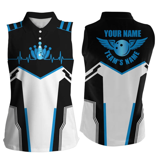 Black White Bowling Shirts For Women Custom Name, Team Name Bowling Ball & Pins Sleeveless Polo Shirts, Women Bowling Shirts