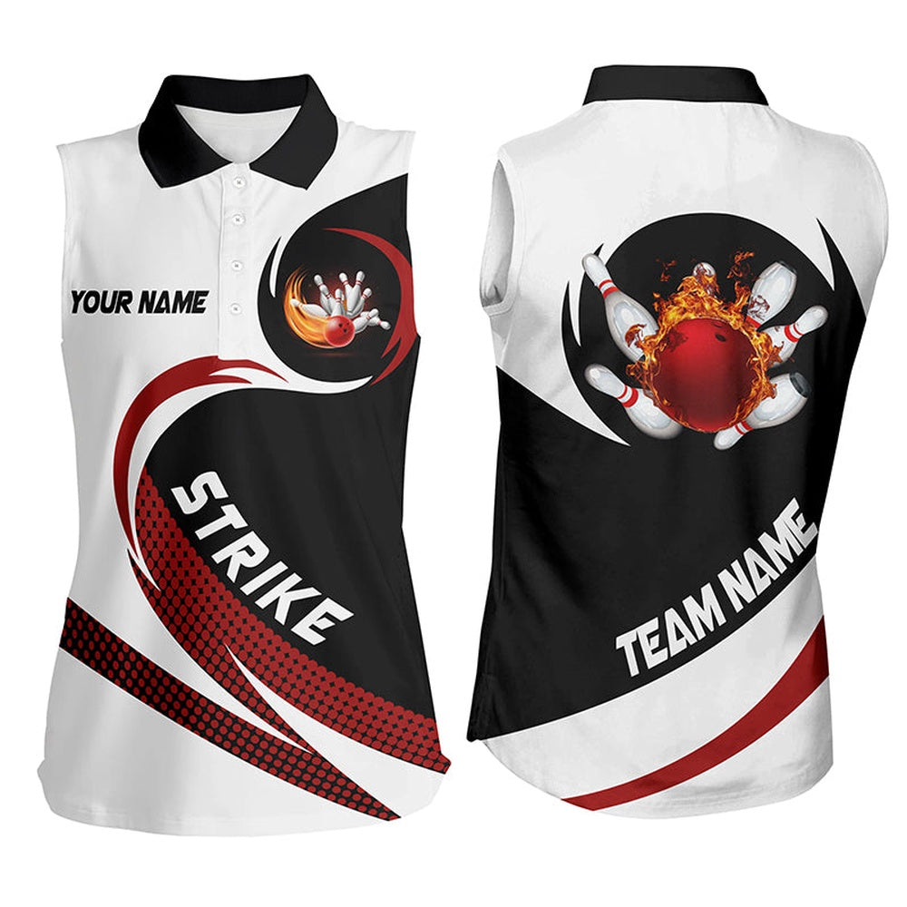 Black & White Bowling Sleeveless Polo For Women Custom Flame Bowling Ball Strike Team League Polo, Women Bowling Shirts