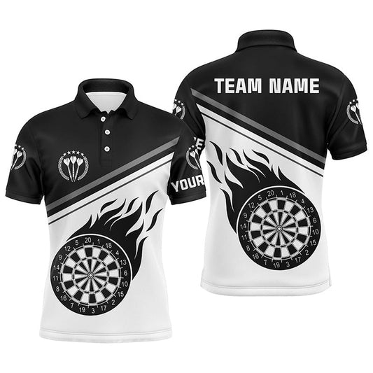 Black White Flame Darts Men Polo Shirt With Name Custom Darts Shirt For Men Dart Polo, Darts Team Polo Shirt