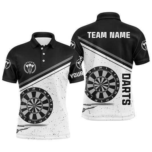 Black White Grunge Darts Men Polo Shirt With Name Custom Men Darts Shirts Dart Polo, Darts Team Polo Shirt