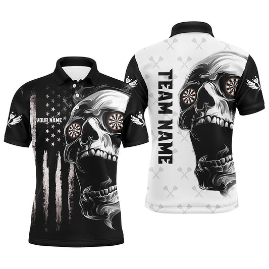 Black White Retro US Flag Skull Darts Polo Custom Darts Shirts For Men Darts Polo, Darts Team Polo Shirt