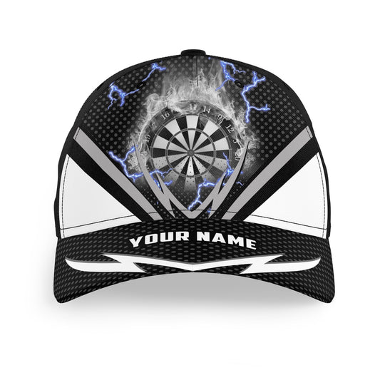 Black White Thunder Lightning Baseball Darts Hat Fire Flame Custom Name Darts Caps, Darts Team Cap Hats