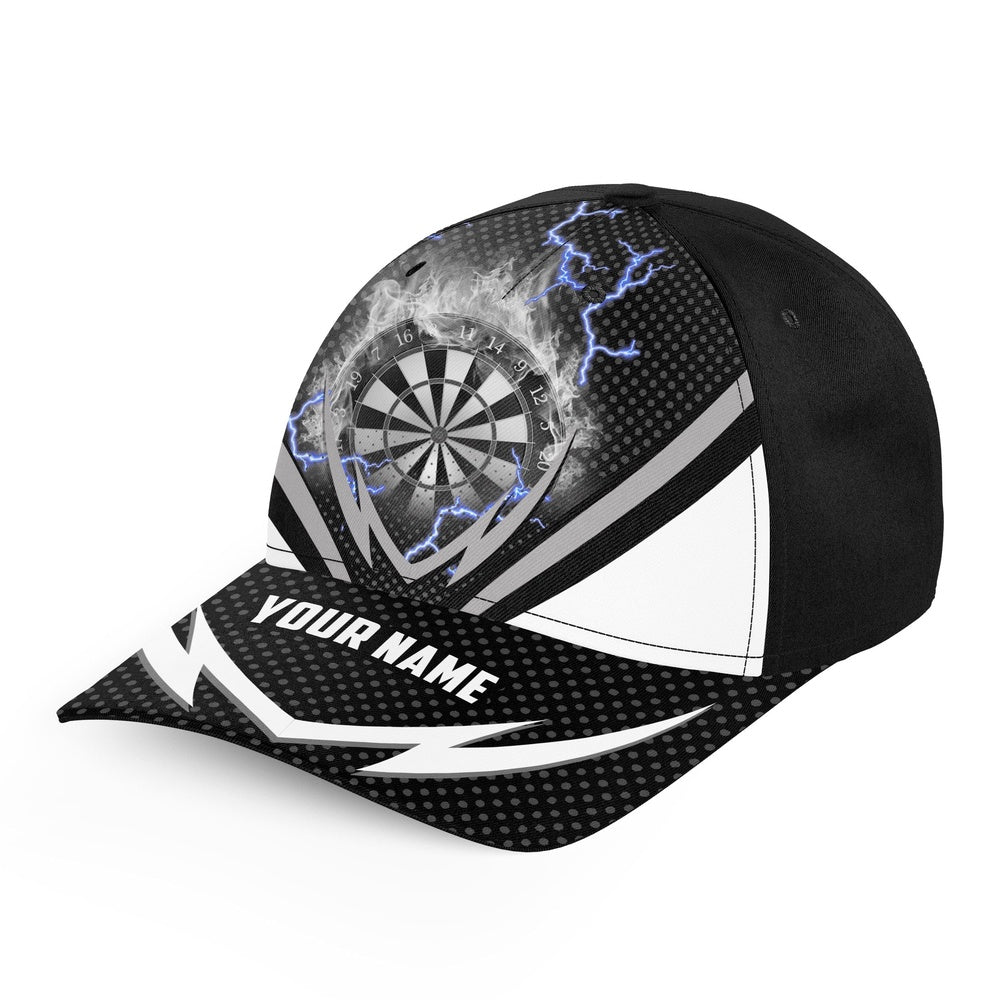 Black White Thunder Lightning Baseball Darts Hat Fire Flame Custom Name Darts Caps, Darts Team Cap Hats