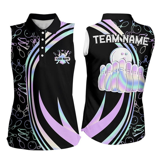 Black Women Bowling Sleeveless Polos Shirt Custom Neon Camo Team League Polo, Gifts For Bowlers, Women Bowling Shirts