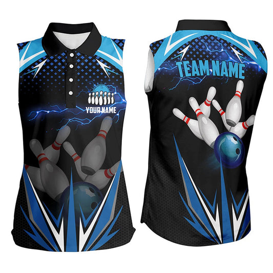 Black Women Sleeveless Polo Shirt Custom Blue Lightning Team Mens Bowlers Polo Bowling Outfits, Women Bowling Shirts