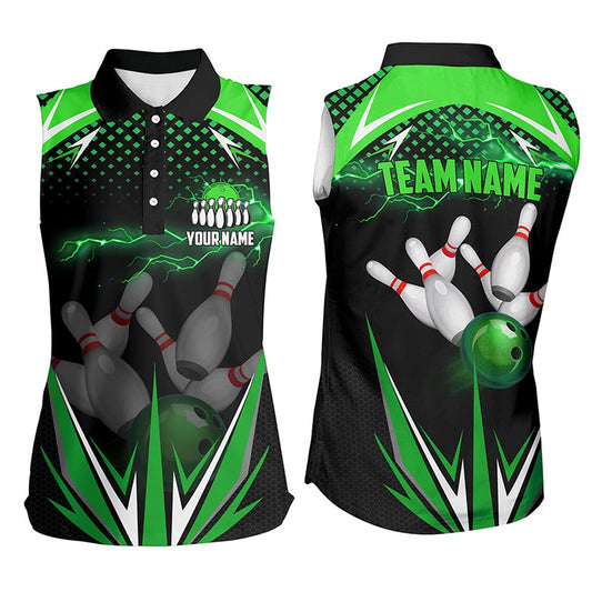 Black Women Sleeveless Polo Shirt Custom Green Lightning Team Mens Bowlers Polo Bowling Outfits, Women Bowling Shirts