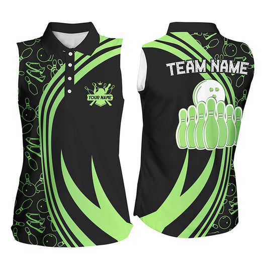 Black Women Sleeveless Polo Shirt Custom Green Neon Team League Bowling Polo, Gifts For Bowlers, Women Bowling Shirts