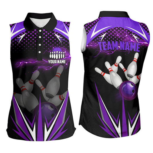 Black Women Sleeveless Polo Shirt Custom Purple Lightning Team Mens Bowlers Polo Bowling Outfits, Women Bowling Shirts