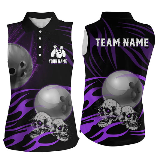 Black Women Sleeveless Polo Shirts Custom Skull Bowling Ball Ladies Team League Polo Purple, Women Bowling Shirts
