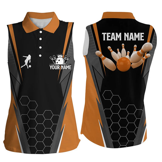 Black Women's Bowling Sleeveless Polo Shirt Custom Ladies Bowlers Polo, Team Bowling Outfits Orange, Women Bowling Shirts