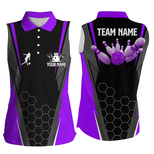 Black Women's Bowling Sleeveless Polo Shirt Custom Ladies Bowlers Polo, Team Bowling Outfits Purple, Women Bowling Shirts
