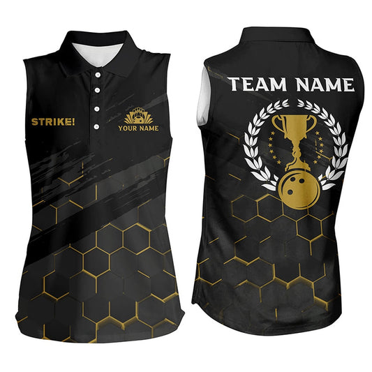 Black Womens Bowling Sleeveless Polo Shirts Custom Bowling Strike Bee Pattern Team Ladies Polo, Women Bowling Shirts