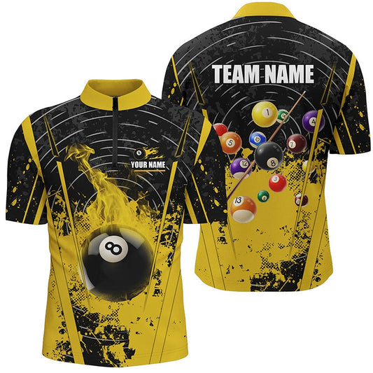 Black Yellow 8 Ball Pool Flame Paint Jersey Shirts Custom Billiard Jersey Attire, Billiard Team Jersey Shirt