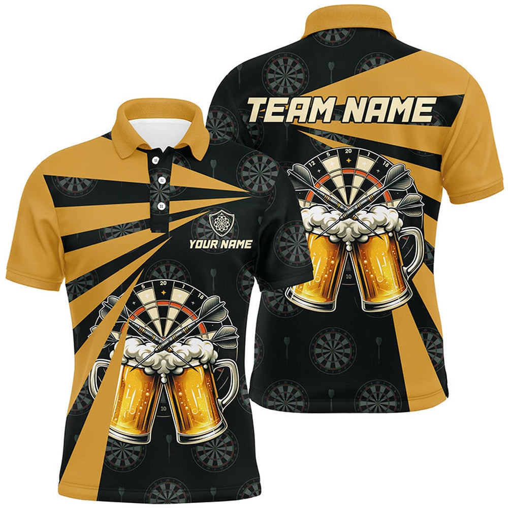 Black Yellow Beer Mens Darts Polo Shirt Custom Darts Shirt For Men Drinking Dart Polo, Darts Team Polo Shirt