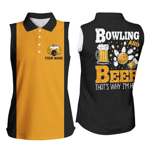 Black Yellow Retro Bowling Sleeveless Polo Shirts For Women Custom Bowling & Beer That'S Why I'M Here, Women Bowling Shirts